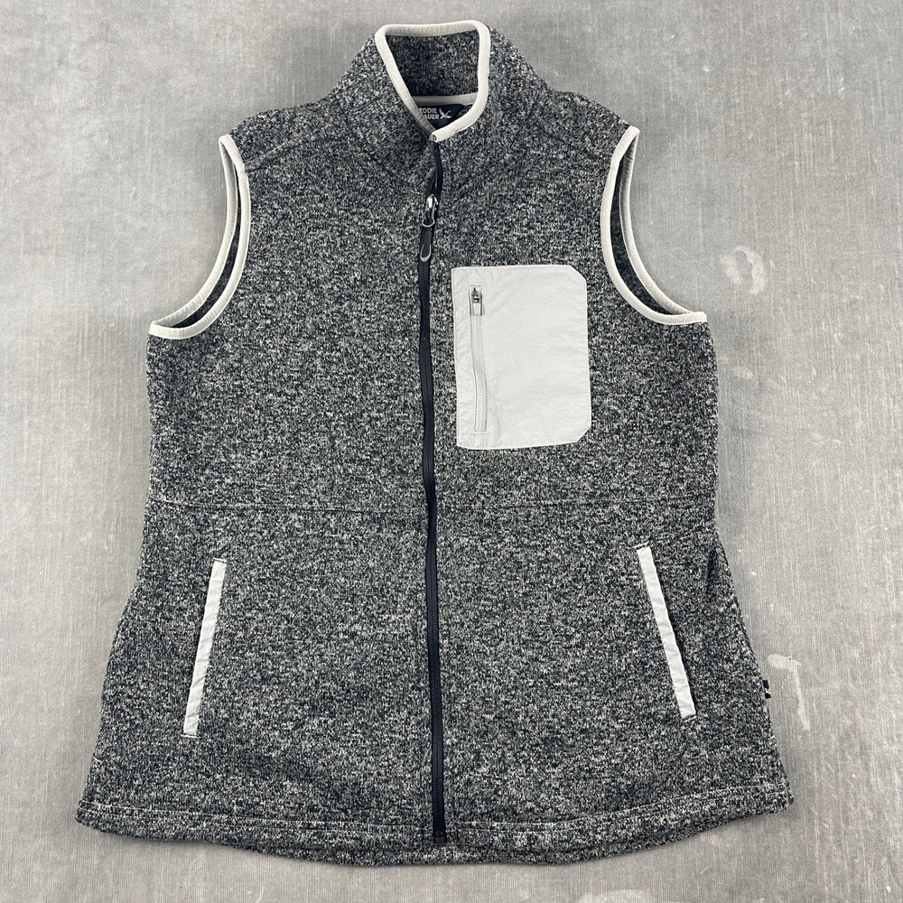 Eddie Bauer Women M Gray Fleece Vest Marled Full Zip Nylon Trim Pocket